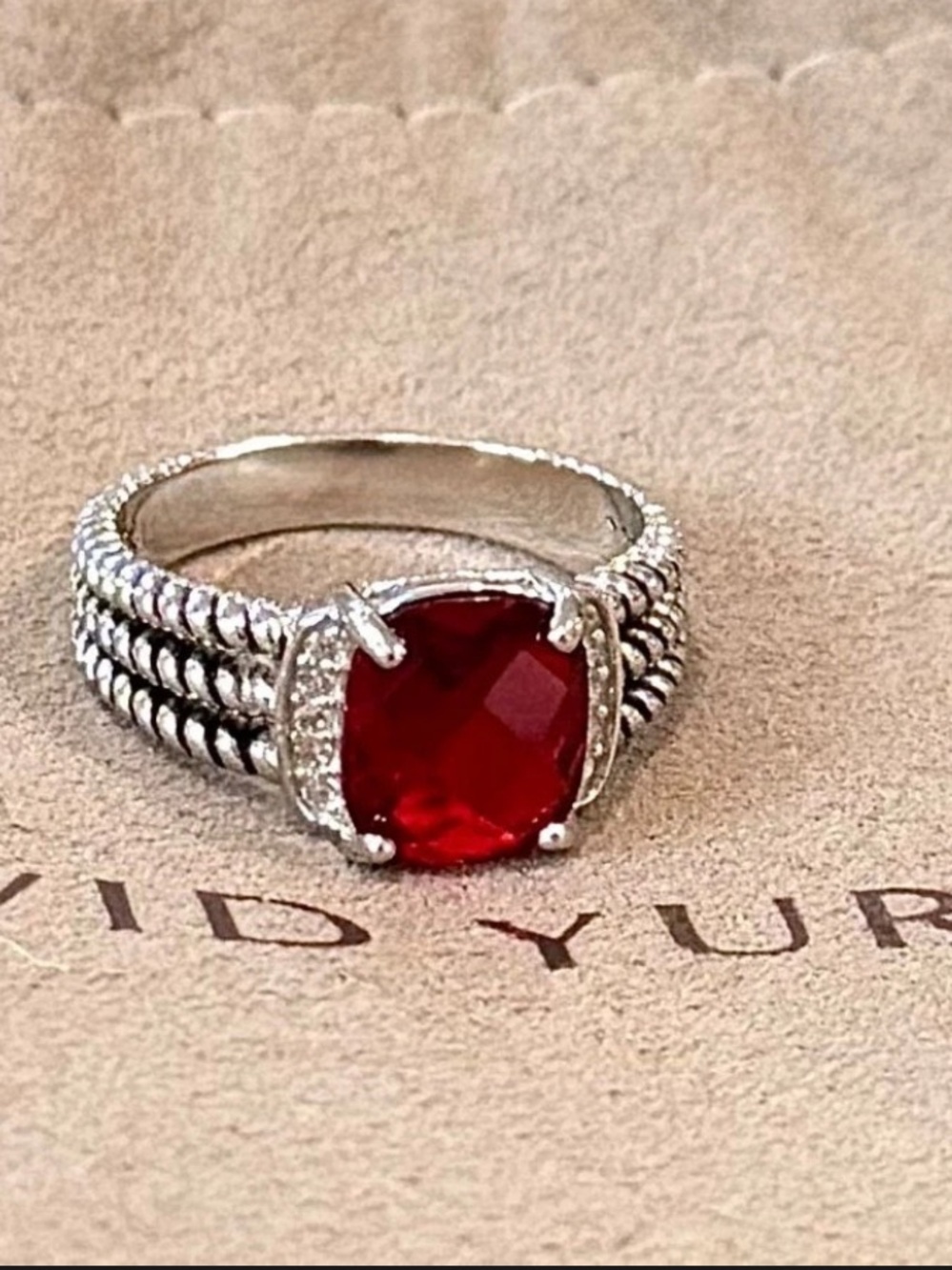 David Yurman Sterling Silver Red Garnet  & Diamond Wheaton Ring Size 8